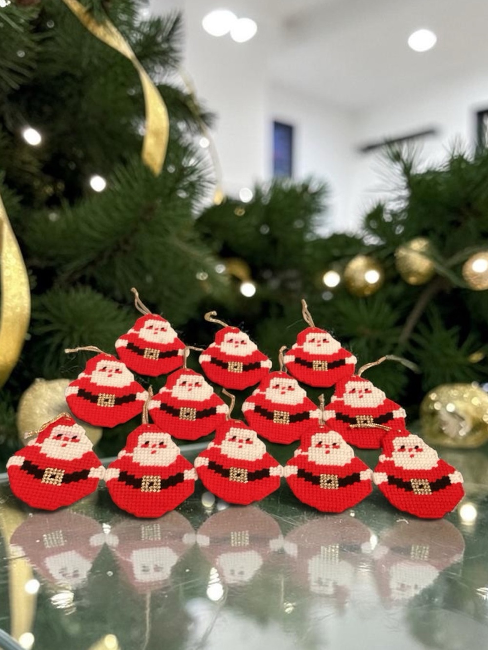 Vintage Handmade Santa Christmas Ornaments Set of 12 Needlepoint Design
